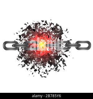 Defekte Kette und Explosion auf weißem Hintergrund. Freiheitskonzept Stock Vektor