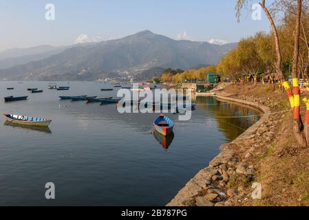 Kleine Holzboote auf dem Phewa Lake bei Pokhara in Nepal Stockfoto