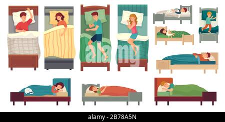 Leute, die in Betten schlafen. Erwachsener im Bett, schlafende Frau und kleine Kinder schlafen Vektor-Illustration Set Stock Vektor