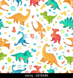 Cartoon Dino nahtloses Muster. Süße Triceratops, Brontosaurus und Tirex. Farb-Dinosaurier-Vektorgrafiksatz Stock Vektor