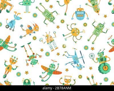 Nahtloses Robotermuster. Roboterrakete, bunter Roboterhund und Programmierroboter für Kindervektorillustration Stock Vektor