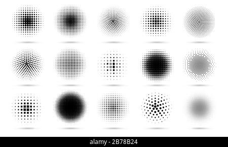 Kreis Halbton. Abstrakte gepunktete Kreise, runde Halbtöne Geometrischer Punktverlauf und Pop-Art-Textur. Vektor für Punktspray-Gradation eingestellt Stock Vektor