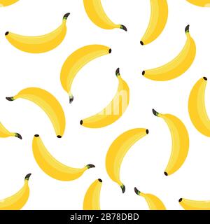 Bananenmuster auf weißem Hintergrund. Muster mit frischen, gelben, tropischen Fruchtvektor-Textiloberdruck. Flaches Design Cartoon-Stil gesund organisch Stock Vektor