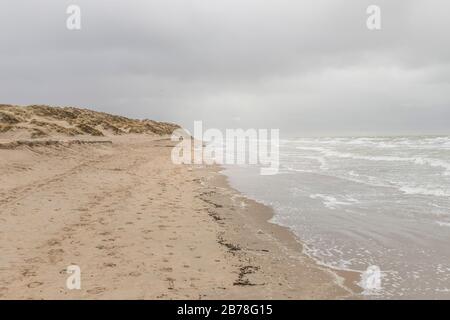 Koksijde, Belgien - 26. Februar 2020: Der Strand an einem kalten und windigen Tag im Winter Stockfoto