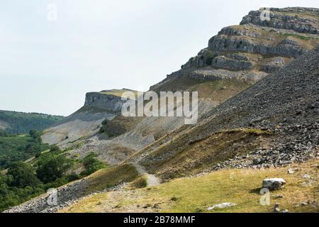 Bäume wachsen am Offas Dyke Path unterhalb von Crigiau Eglwyseg auf dem Eglwyseg Berg bei Llangollen, Walisische Grenze, Wales, UK Stockfoto