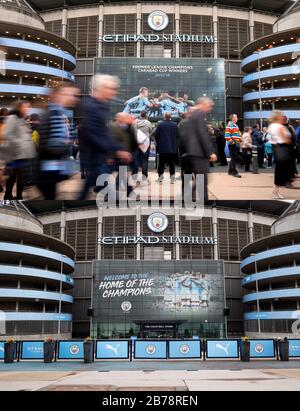 Ein zusammengesetztes Foto, das das Etihad Stadium, Heimstadion von Manchester City am 22-04-2018 (oben) und 14-03-2020 (unten) zeigt. Stockfoto