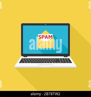 Laptop mit Spam-Email-Vektorgrafiken, flaches Design Stock Vektor