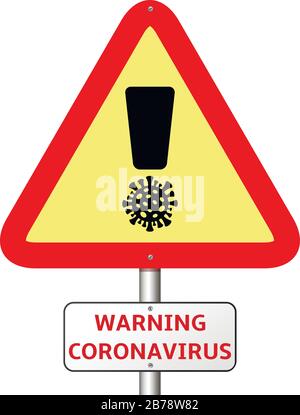 Dreiecksverbot oder Warnzeichen, das ein Ausrufezeichen in abstrakter Form des Coronavirus darstellt Stock Vektor