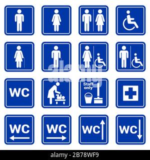 Satz von Symbolen mit weißen Symbolen auf blauem Hintergrund. WC-Piktogramm, Mann, Frau, Handicap, Personal, Kindergarten, erste Hilfe. Quadratischer Ikone mit Rahmen Stock Vektor