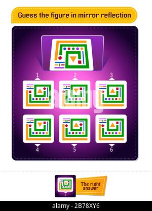 Lernspiel für Kinder, Puzzle, Entwicklung des Raumdenkens bei Kindern und Erwachsenen. Aufgabenspiel erraten Sie die Figur in Spiegelreflexion Stock Vektor