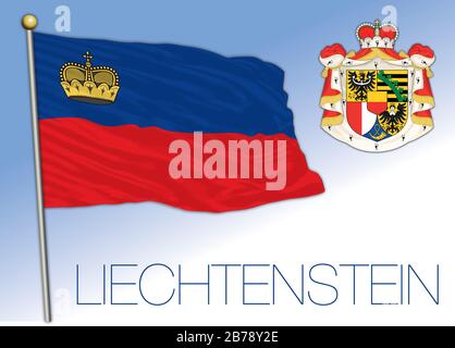 Liechtensteinische Landesflaggen und -Wappen, Europa, Vektorillustration Stock Vektor