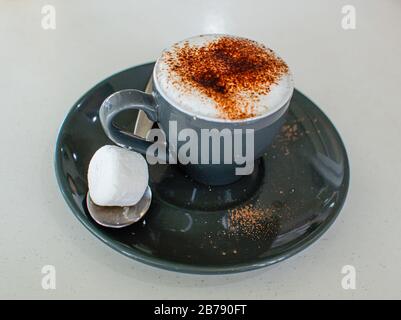 Schaumige heiße Schokolade in einer Tasse und ein Marshmallow Stockfoto