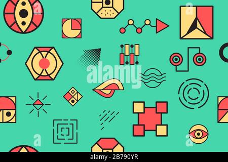 Hipper-Illustration auf blauem Hintergrund. Designelement wiederholen. Modernes Memphis-Minimal-geometrisches Muster. Textiles Design. Banner, Postervorlage. Verzierung. Stock Vektor