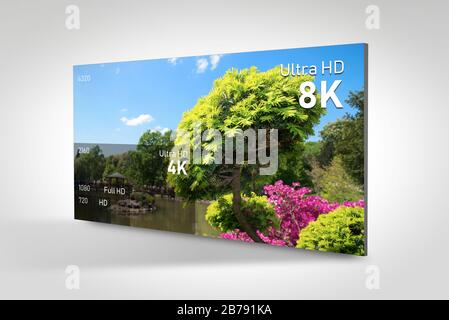 Anzeige mit 8K-Auflösung und Vergleich der Auflösungen. Konzeptionelle Grafik des TV-Bildschirms. Stockfoto