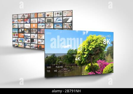 Anzeige mit 8K-Auflösung und Vergleich der Auflösungen. Konzeptionelle Grafik des TV-Bildschirms Stockfoto