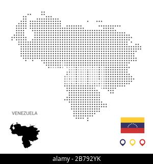 Gepunktete Vektorkarte von Venezuela. Runde graue Flecken. Venezuela Karte mit Nationalflaggen und Kartensymbolen. Schwarze Silhouette Stock Vektor