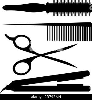 Schwarze Silhouetten von vier frisierwerkzeugen: Rundkamm, Haarbürste, Schere und Haareisen Stock Vektor