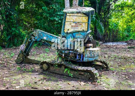 Verlassene, verunfallene und korrodierende Komatsu-Minibagger im Regenwald auf Borneo, Malaysia Stockfoto