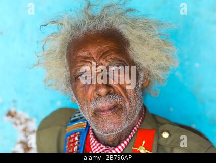 Äthiopischer Veteran aus dem italo-äthiopischen Krieg in Armeeuniform, Region Addis Abeba, Addis Abeba, Äthiopien Stockfoto