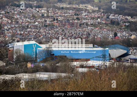 Allgemeine Ansicht von Hillsborough, dem Sitz des Sheffield Wednesday Football Club, nach der gestrigen Ankündigung, dass die English Football League alle Spiele bis Freitag, den 3. April 2020 ausgesetzt hat. Stockfoto