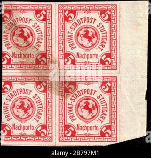 Deutschland Stuttgart 1896 Lokale Briefmarke 5Pfg - 41 ungenutzte Viererblocks. Stockfoto