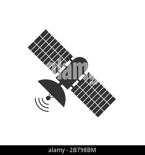 Satellitensymbol mit einer Antenne und Solarmodulen. Einfaches flaches Design für Logos, Apps und Websites. Stock Vektor