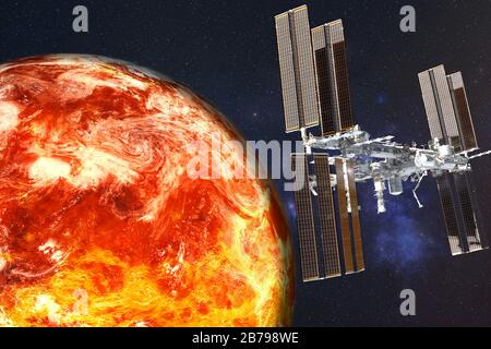 High Detailed Fiction Roter Oberflächenplanet mit Atmosphäre in der Nähe der Raumstation. Erdplanet Eraly. Elemente dieses Bildes, das von der NASA eingerichtet wurde. Stockfoto