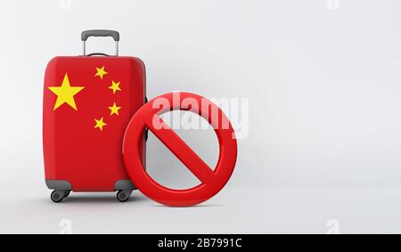 China-Flaggenkoffer ohne Vorzeichen. Konzept für Reiseverbote. 3D-Rendering Stockfoto