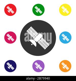 Set mit Satellitensymbolen mit einer Antenne und Solarmodulen. Einfaches flaches Design für Logos, Apps und Websites. Stock Vektor