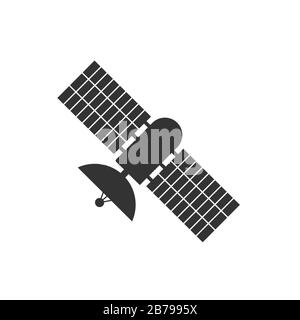 Satellitensymbol mit einer Antenne und Solarmodulen. Einfaches flaches Design für Logos, Apps und Websites. Stock Vektor