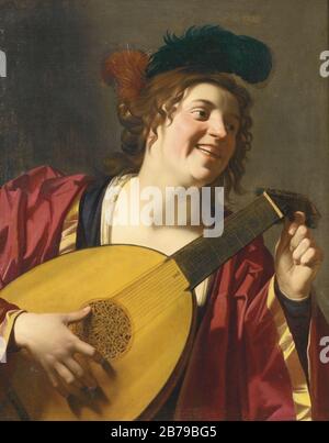 GERRIT VAN HONTHORST UTRECHTER 1590 - 1656 EINE FRAU, DIE EINE LAUTE VERSTIMMT. Stockfoto