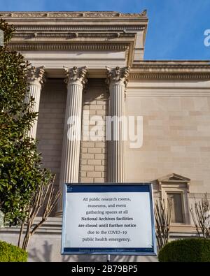 Washington, DC, USA, 14. März 2020. Die Smithsonian Museen und National Monuments schließen aufgrund der Pandemie von Coronavirus Stockfoto