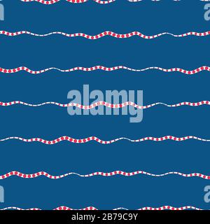 Wellenlinien nahtloser Hintergrund des Vektormusters. Mit Pinselstrich, horizontaler Kulisse mit Meereswelle. Abstrakter mariner geometrischer Streifen mit Polka Dots Stock Vektor