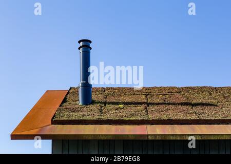 Modernes grünes Dach mit Kamin, mit grünem und rotem Sedum für Isolierung und Heizung Stockfoto