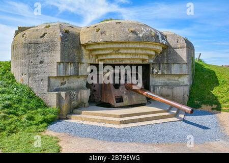 Longues sur Mer Deutscher Akku im zweiten Weltkrieg in der Normandie, Frankreich. Stockfoto