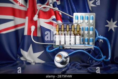 Konzept für Gesundheitswesen, Versicherungen und Pharmazie in Australien. Pillen, Impfstoff, Syrringe und Stethoskop in australischer Flagge. 3D-Abbildung Stockfoto