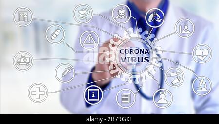 Arzt mit Stethoskop, das die Vorbeugung und Behandlung von Viruscoronavirus in einem Krankenhaus darstellt Stockfoto