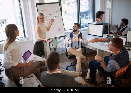 Junge kreative Geschäftsleute treffen sich im Büro.Die Führungskräfte Der Frau diskutieren über neue Investitionspläne, Stockfoto