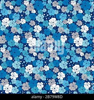 Blaue, weiße und silbergraue Blumen mit Punkten in verschiedenen Größen, die auf einem marineblauen Hintergrundevektor verstreut sind, nahtloses Repetiermuster und Hintergrund, eps. Stock Vektor