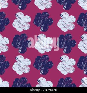 Vector Seamless Muster mit handgezeichneten blau-grauen und Mitternachtsblauen dekorativen einfachen Blumen und Texturen auf einem Farbton des lebhaften Cerise-Hintergrunds. Stock Vektor