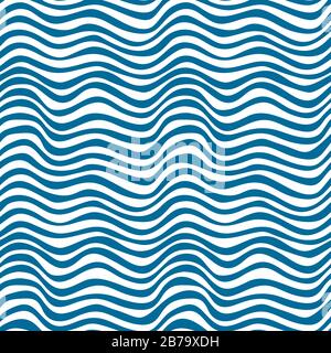 Gewellter gestreifter, nahtloser Hintergrund. Blau auf weiß. Einfacher Vektor, der das nahtlose abstrakte Oberflächendesign für Web, Druck, Dekor und Scrapbooking wiederholt. Stock Vektor