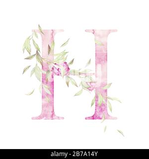 Großer Buchstabe H. Alphabet. Hellrosa. Blumendekor. Aquarell. Weißer Hintergrund. Druckqualität Stockfoto