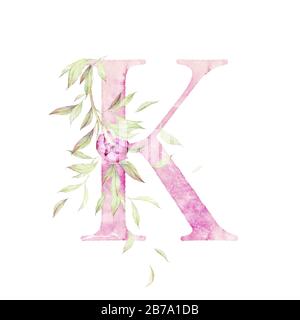 Großer Buchstabe K. Alphabet. Hellrosa. Blumendekor. Aquarell. Weißer Hintergrund. Druckqualität Stockfoto