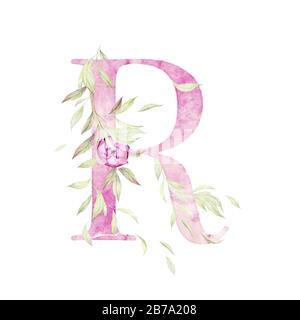 Großer Buchstabe R. Alphabet. Hellrosa. Blumendekor. Aquarell. Weißer Hintergrund. Druckqualität Stockfoto