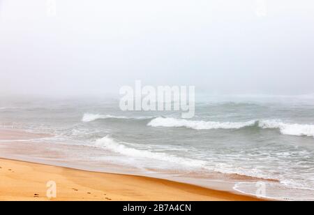 Surfen Sie am Two Mile Hollow Beach an einem nebligen Tag, East Hampton, NY Stockfoto