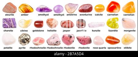 Verschiedene Edelsteine mit Namen ( Aleurit, Morganit, Carnelian, Rhodochrosit, Rhodonit, Pyrit, Amethyst, Aventurin, Amber, Ametrin, Spessartin, s. Stockfoto