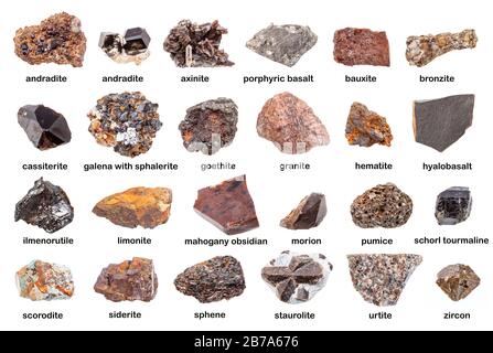 Satz verschiedener brauner, ungeschliffener Mineralien mit Namen (Bronzit, Siderit, Andradit, Titanit, Sphene, morion, Zirkon, Kassiterit, Axinit, Ilmenoruti Stockfoto