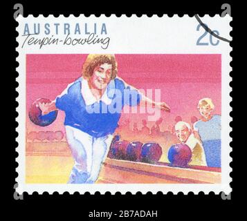 Australien - ca. 1989: einen Stempel in Australien gedruckten zeigt die Tenpin Bowling, Sport Serie, ca. 1989. Stockfoto