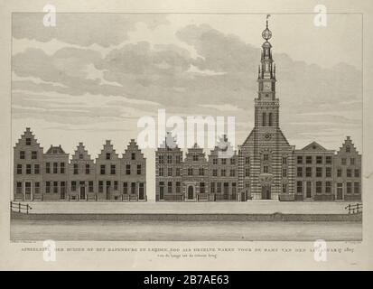 Gezicht op de gevels van de huizen aan het Rapenburg te Leiden, van de Langebrug tot de Groenebrug. Stockfoto