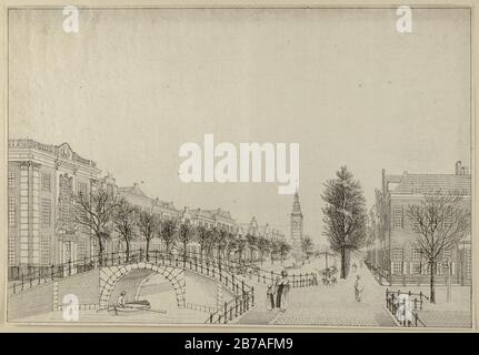 Gezicht op het Rapenburg te Leiden, in welstand vóór de buskruitrampe van 12 januari 1807. OP de voorgrond de Nieuwsteegbrug, na de Brug het Steenschuur met in de verte de Saaihal von Sint Lod, Stockfoto